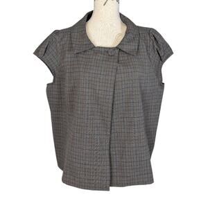 Vintage Y2K Plaid Sleeveless Blazer Top Brown Gray Wool Look Collared